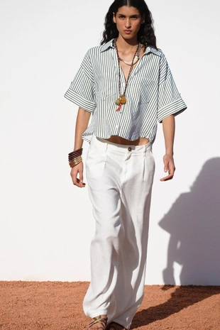 Укороченная рубашка из смесового льна- Заказать в России