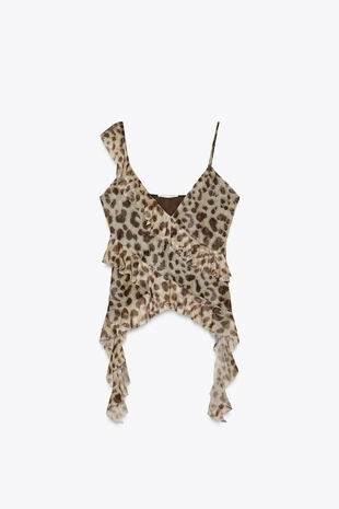 Топ из полупрозрачной ткани с принтом и воланами- Заказать в России