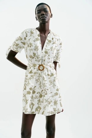 Мини-платье из ткани с принтом с ажурной вышивкой- Заказать в России