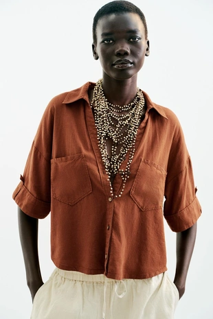 Укороченная рубашка из смесового льна- Заказать в России