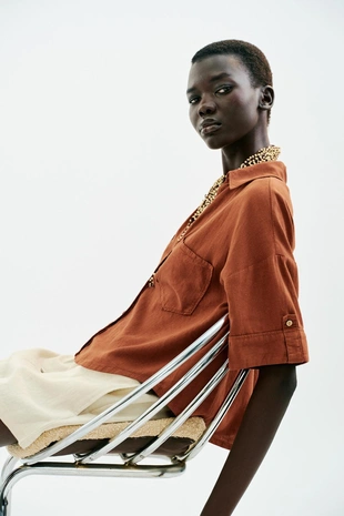 Укороченная рубашка из смесового льна- Заказать в России