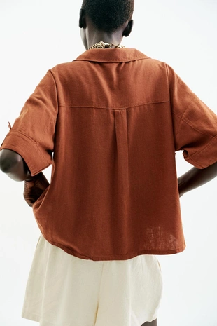 Укороченная рубашка из смесового льна- Заказать в России