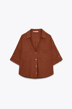 Укороченная рубашка из смесового льна- Заказать в России