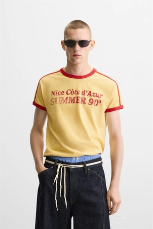 Купить Zara Футболка с контрастной надписью и окантовкой в рубчик