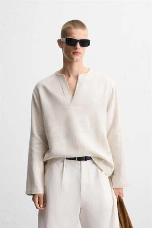 Рубашка-поло из льняной смеси с рельефным узором- Заказать в России