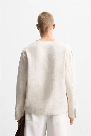 Рубашка-поло из льняной смеси с рельефным узором- Заказать в России