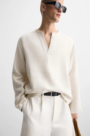 Рубашка-поло из льняной смеси с рельефным узором- Заказать в России