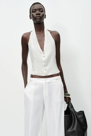 Широкие брюки с пряжками из льна- Заказать в России