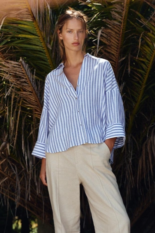 Рубашка из смесового льна с широкими рукавами- Заказать в России