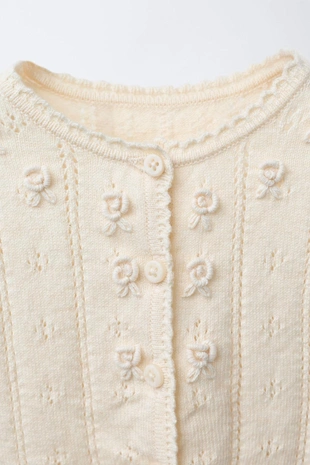 Ecru | 2209/523/712 - Zara Вязаный кардиган с ажурной вязкой и вышивкой