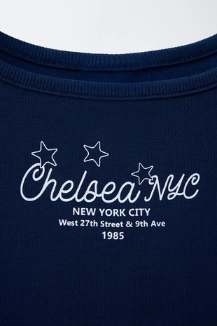 Navy blue | 4424/712/401 - Zara Топ в рубчик с текстом