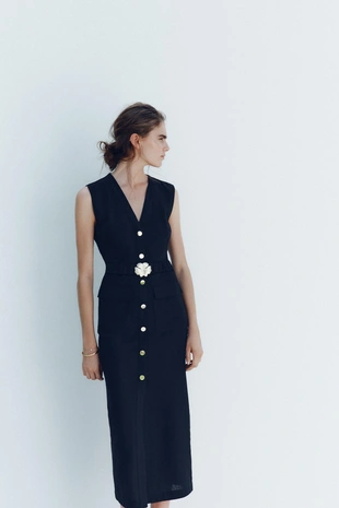 Платье-миди с поясом и льном- Заказать в России