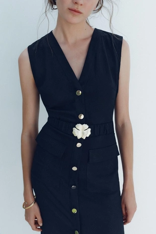 Платье-миди с поясом и льном- Заказать в России