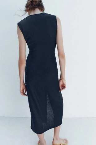 Платье-миди с поясом и льном- Заказать в России