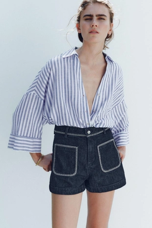 Джинсовые шорты Z1975 с высокой посадкой и декоративной строчкой- Заказать в России