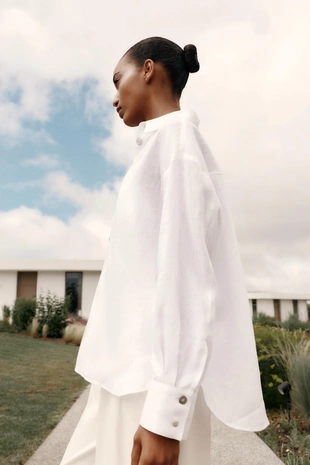 Рубашка из 100% льна с комбинированными пуговицами- Заказать в России