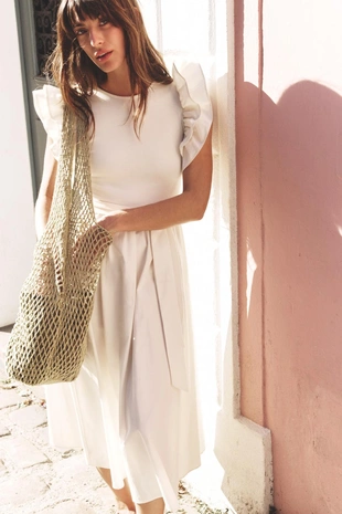 Комбинированное платье с воланами- Заказать в России