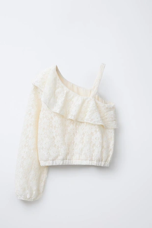 Ecru | 1639/745/712 - Zara Асимметричный топ с кружевным рисунком и оборкой