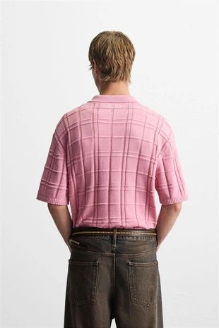 Pink | 2893/300/620 - Zara Трикотажное поло в клетку с жаккардовым узором