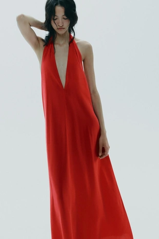 Платье миди с горловиной халтер и завязками