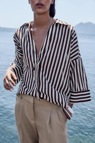 Рубашка из смесового льна с широкими рукавами- Заказать в России