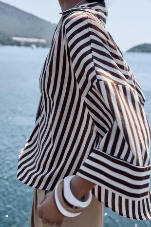 Рубашка из смесового льна с широкими рукавами- Заказать в России