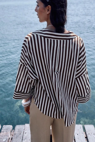 Рубашка из смесового льна с широкими рукавами- Заказать в России