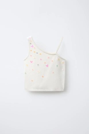 Ecru | 2582/701/712 - Zara Трикотажный топ с асимметричным вырезом и бусинами