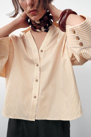 Рубашка из поплина в полоску с широкими рукавами- Заказать в России