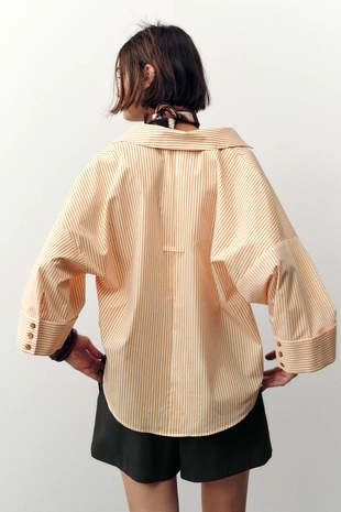 Рубашка из поплина в полоску с широкими рукавами- Заказать в России