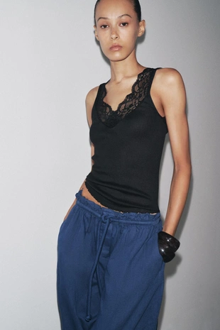 Футболка в рубчик с кружевом- Заказать в России