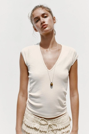 Футболка в рубчик с V-образным вырезом- Заказать в России