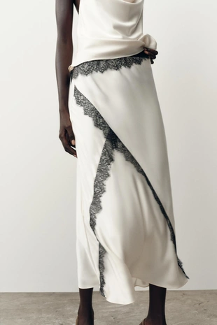 Атласная юбка-миди с кружевом- Заказать в России