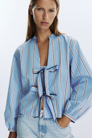 Рубашка из поплина в полоску с завязками