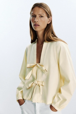 Рубашка из поплина в полоску с завязками- Заказать в России