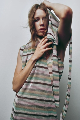 Длинное платье в полоску с металлизированной нитью- Заказать в России