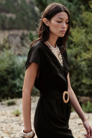 Black | 8570/389/800 - Zara Длинный комбинезон из льна с поясом