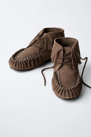 Brown | 2102/630/700 - Zara Короткие кожаные ботинки с бахромой
