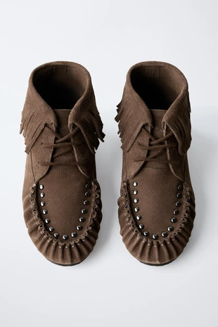 Короткие кожаные ботинки с бахромой- Заказать в России