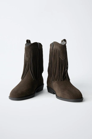 Brown | 2101/630/700 - Zara Кожаные ботинки в ковбойском стиле с бахромой