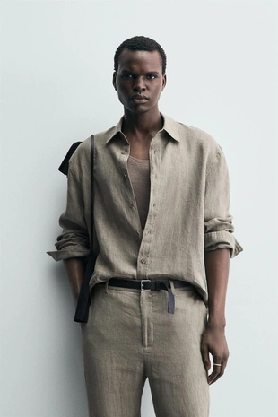 Рубашка из 100% льна с эффектом стирки- Заказать в России