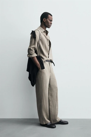 Рубашка из 100% льна с эффектом стирки- Заказать в России