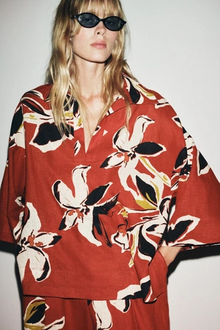 Купить Zara Рубашка с цветочным принтом и льном