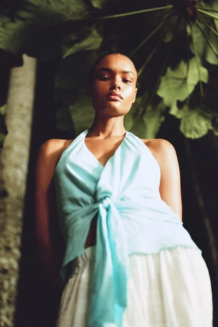 Купить Zara Топ-халтер с узлом из льняной ткани