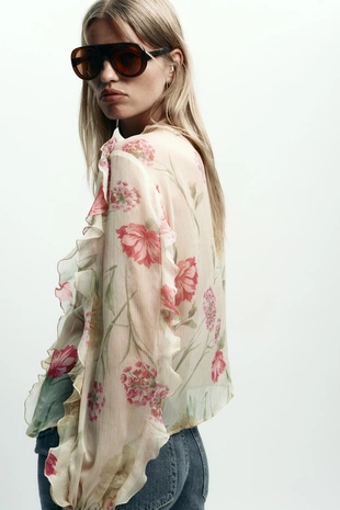 Полупрозрачная рубашка с цветочным принтом- Заказать в России