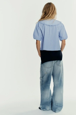 Рубашка в полоску с круглым воротником и вышивкой- Заказать в России