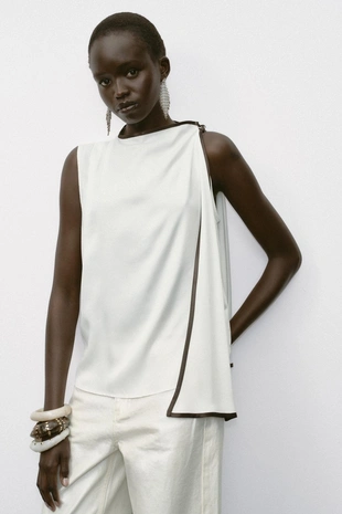 Атласный топ с бантом и контрастной отделкой- Заказать в России