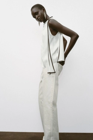 Атласный топ с бантом и контрастной отделкой- Заказать в России