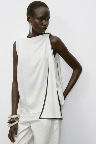 Атласный топ с бантом и контрастной отделкой- Заказать в России