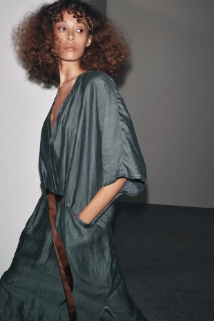 Купить Zara Платье из льняной ткани с контрастной завязкой